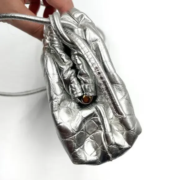 Mansur Gavriel Mini Cloud Clutch Bag Silver Metallic Leather Crossbody Strap - Picture 10 of 15